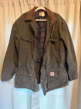 Carhartt Olive Green Canvas Field Jacket with Brown Corduroy Collar